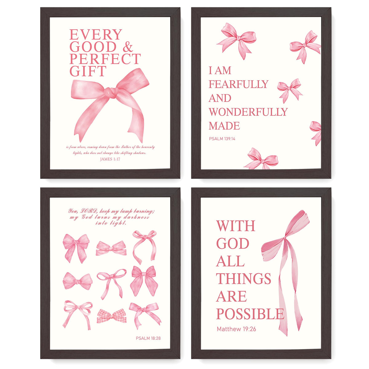 LARTSFRO Coquette Pink Bow Christian Wall Art Decor Posters, Pink Bow Christian Bathroom Room Bedroom Dorm Wall Art Decor Aesthetic for College Teen Girls Gifts,Inspirational Bible Verses Bow Wall Decor, 10x8 Inch Set of 4 Bow Pictures(UNFRAMED)