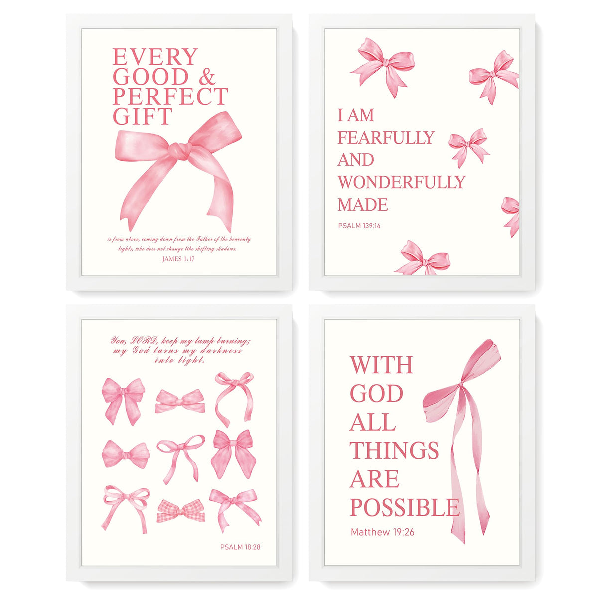 LARTSFRO Coquette Pink Bow Christian Wall Art Decor Posters, Pink Bow Christian Bathroom Room Bedroom Dorm Wall Art Decor Aesthetic for College Teen Girls Gifts,Inspirational Bible Verses Bow Wall Decor, 10x8 Inch Set of 4 Bow Pictures(UNFRAMED)