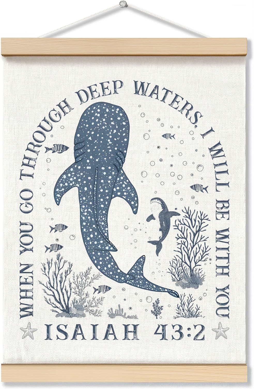ZNGFON Trendy Whale Shark Christian Wall Decor, When You Go Through Deep Waters I Will Be With You Isaiah 43:2 Wall Art Poster with Wooden Frame, Blue Bible Verse Wall Hanging Home Decor, 12x16 Inch