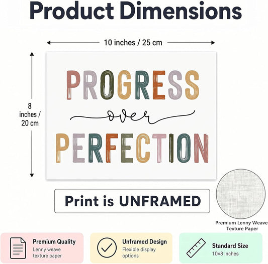 Classroom Signs Wall Art, Progress Over Perfection Growth Mindset Poster for Kids Students, Teacher Decor for Classroom, Inspirational School Office Homeschool Room Decor (10"L x 8"W Unframed, Unframed)