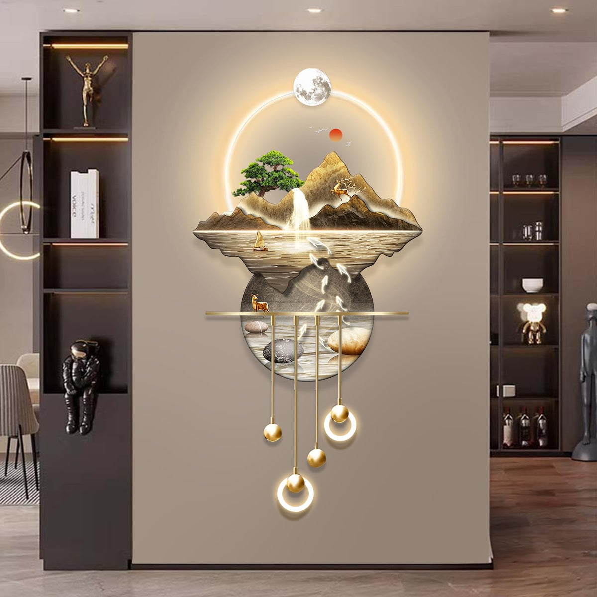 LED Light Art Wall Decor, Modern Home Decor Wall Sculpture with Lights, Walls Art Decorations Lamp, Walls Arts Decors Sculptures Large, Plug-in Power Supply, Gold C, 23x53IN