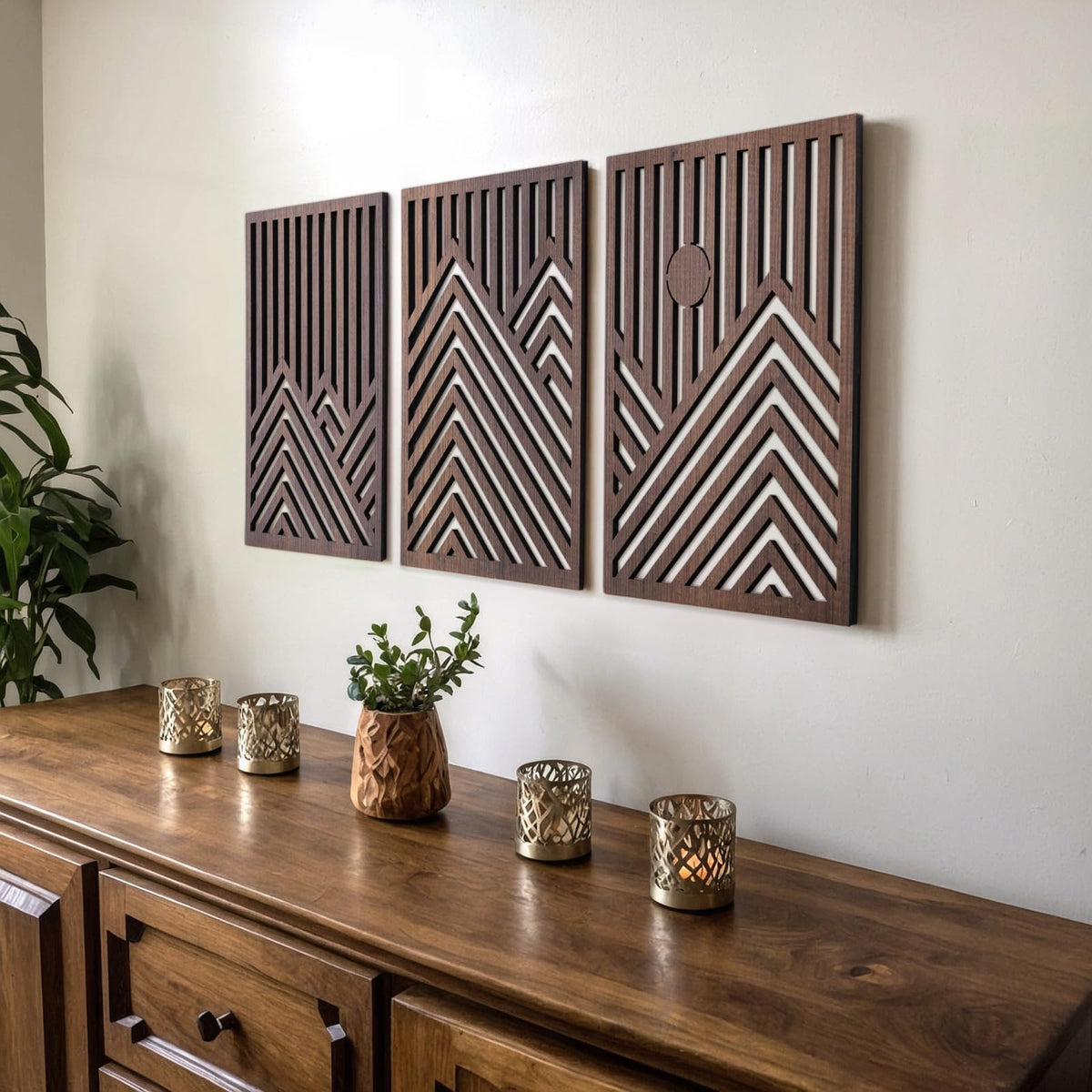 qmmp Modern Wooden Wall Sculptures - Set of 3 - Home Decor Accent - Large Wall Art for Living Room, Bedroom, Office - Easy Installation (Walnut, Medium - Tree Leaves)