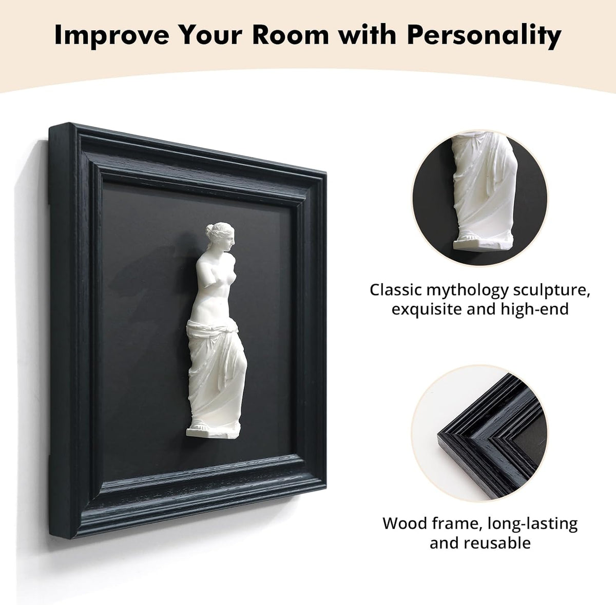 FOLKOR LIFE Framed Black and White Wall Sculpture Venus de Milo
