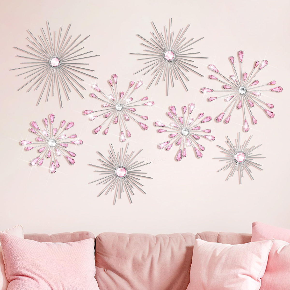 Blulu 8 Pcs Silver Metal Starburst Wall Art, 3D Crystal Teardrop Rhinestone Wall Sculptures, Modern Mid Century Hanging Accents Decor for Living Room Bedroom Entryway Office Home Decoration