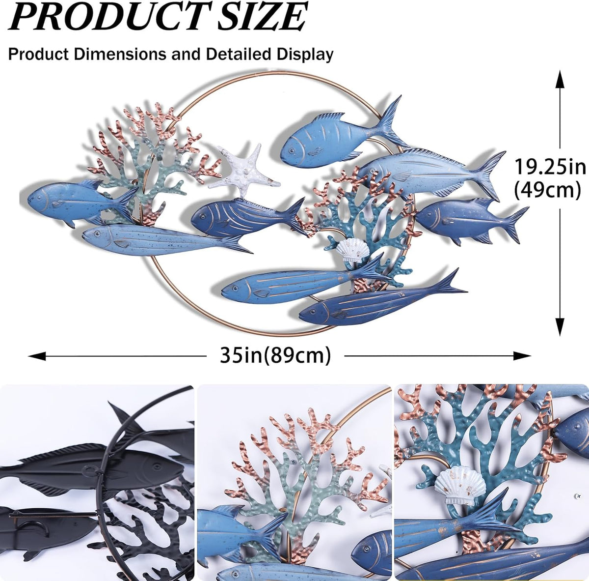 SHENGTIAN Large Metal Fish Wall Art, Fish Wall Decor, Coastal Nautical Wall Art, Outdoor Indoor School of Fish Wall Sculpture, Hanging Metal Fish Art for Living Room Bedroom Beach Home Decor
