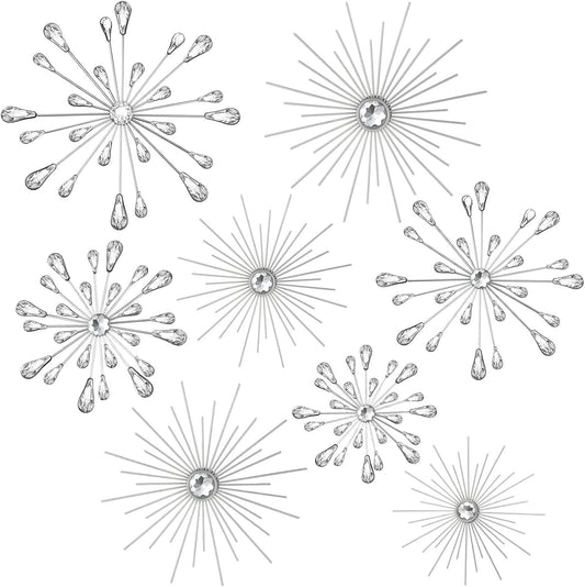 Blulu 8 Pcs Silver Metal Starburst Wall Art, 3D Crystal Teardrop Rhinestone Wall Sculptures, Modern Mid Century Hanging Accents Decor for Living Room Bedroom Entryway Office Home Decoration