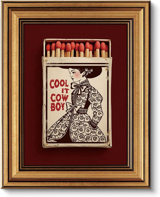 XJYISUO Vintage Gold Framed Wall Art Western Cowboy Wall Decor Southwestern Cowgirl Canvas Art Red Matchbox Pictures Burgundy Paintings Trendy Artwork for Living Room Bedroom Dorm
