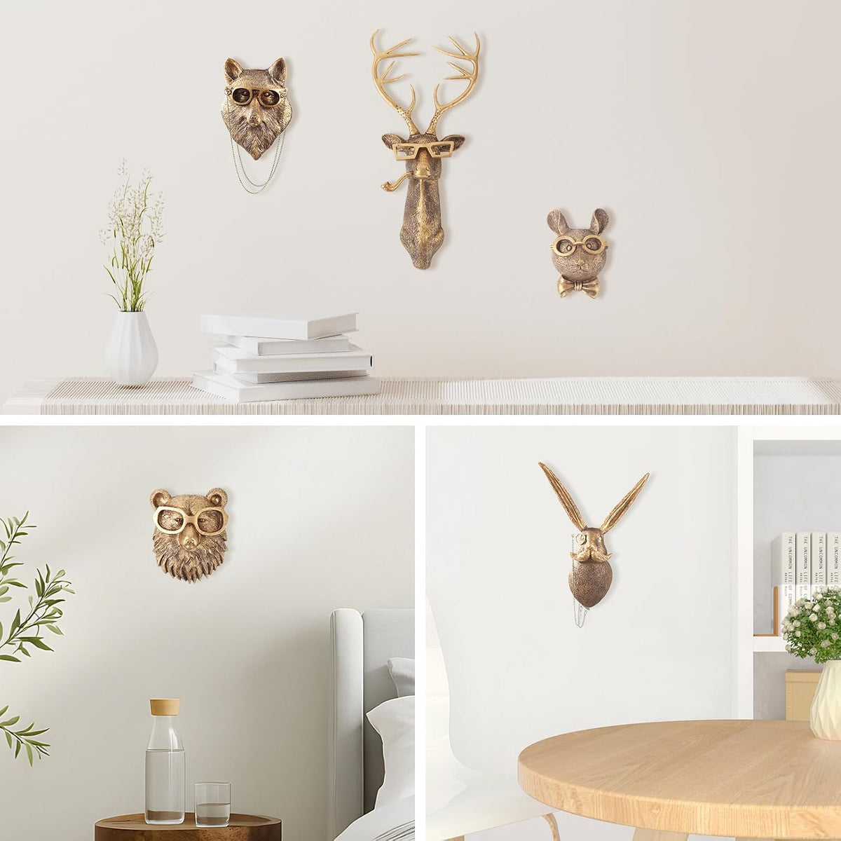 UITWMKTG Gold Animal Head Wall Decor Set of 5 - Deer, Rabbit, Mouse, Bear, Fox Wall Sculptures, Modern Wall Art for Living Room, Bedroom, Office, Gold Wall Hanging Home Decoration