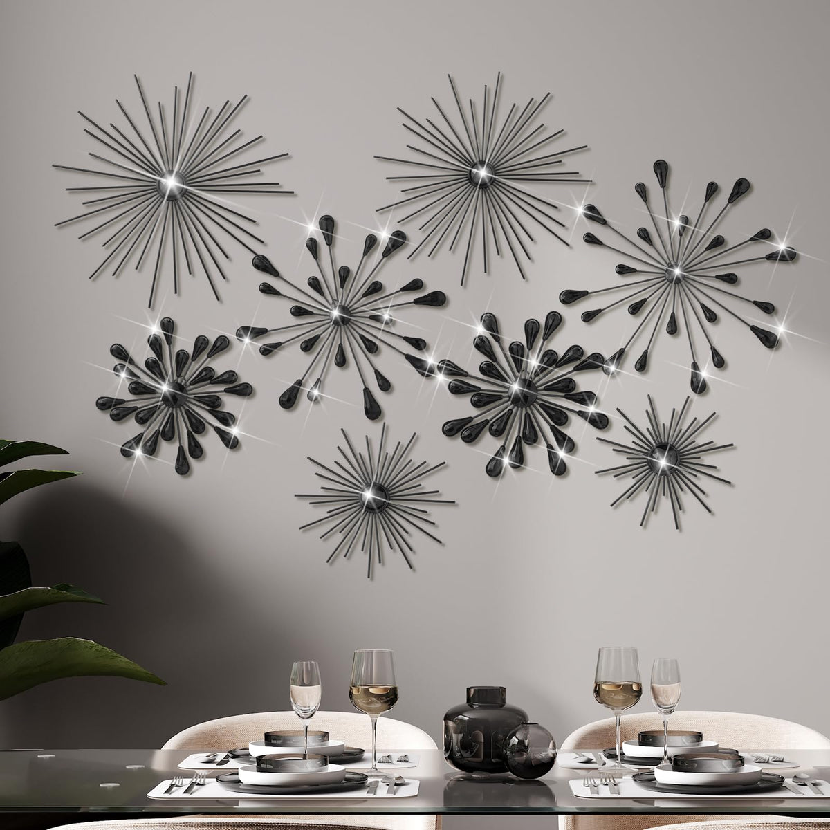 Blulu 8 Pcs Silver Metal Starburst Wall Art, 3D Crystal Teardrop Rhinestone Wall Sculptures, Modern Mid Century Hanging Accents Decor for Living Room Bedroom Entryway Office Home Decoration