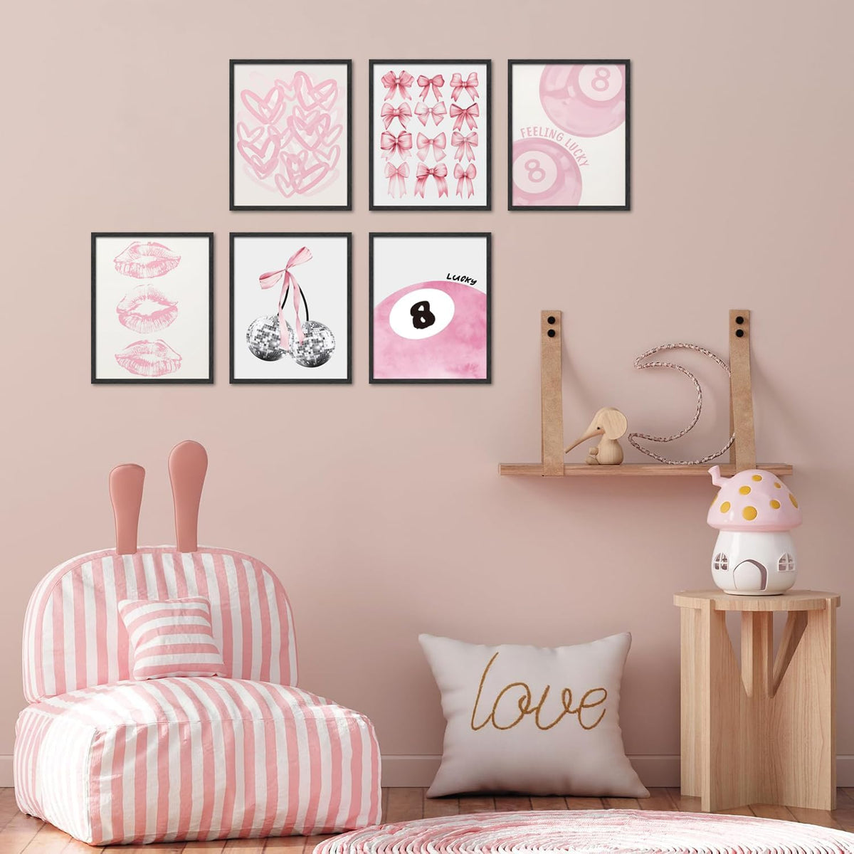 Cute Pink Girl Poster Set of 6, Light Pink Coquette Wall Art Trendy Lucky 8 Ball Wall Decor Paintings Pastel College Apartment Bedroom Living Room Dorm 8x10 inch Unframed