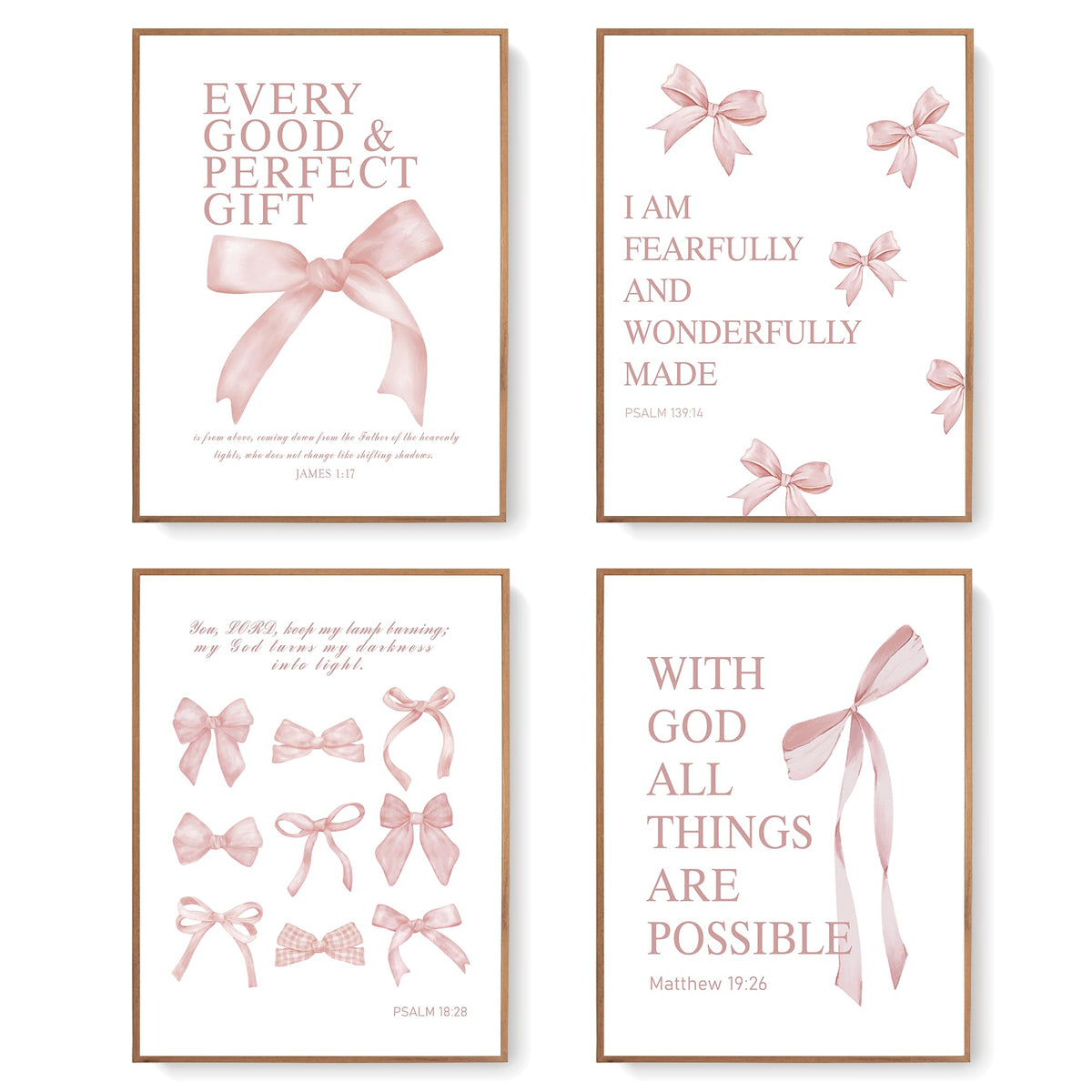 LARTSFRO Coquette Pink Bow Christian Wall Art Decor Posters, Pink Bow Christian Bathroom Room Bedroom Dorm Wall Art Decor Aesthetic for College Teen Girls Gifts,Inspirational Bible Verses Bow Wall Decor, 10x8 Inch Set of 4 Bow Pictures(UNFRAMED)