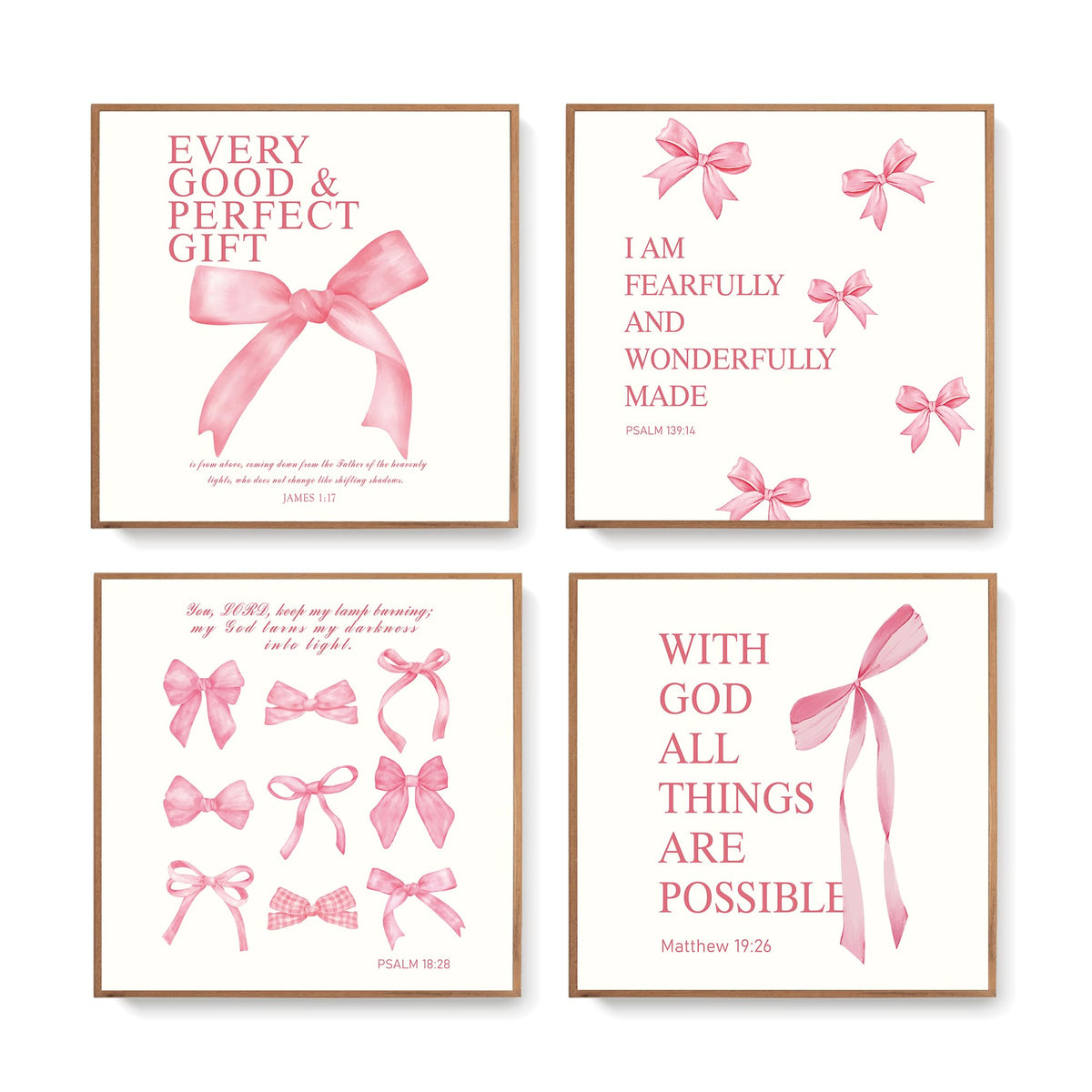 LARTSFRO Coquette Pink Bow Christian Wall Art Decor Posters, Pink Bow Christian Bathroom Room Bedroom Dorm Wall Art Decor Aesthetic for College Teen Girls Gifts,Inspirational Bible Verses Bow Wall Decor, 10x8 Inch Set of 4 Bow Pictures(UNFRAMED)