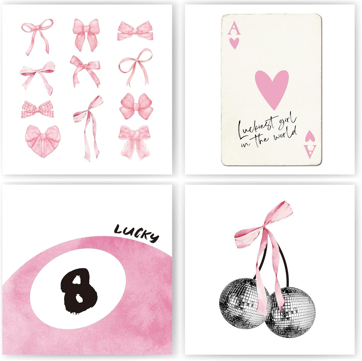 okaxscm Pink Coquette Trendy Preppy Wall Art Prints Set of 4, Coquette Room Decor, Preppy Room Decor Aesthetic, Pink Bow Disco 8 Ball Cherry Wall Decor Posters for Girls Bedroom Dorm, 8x10 Unframed