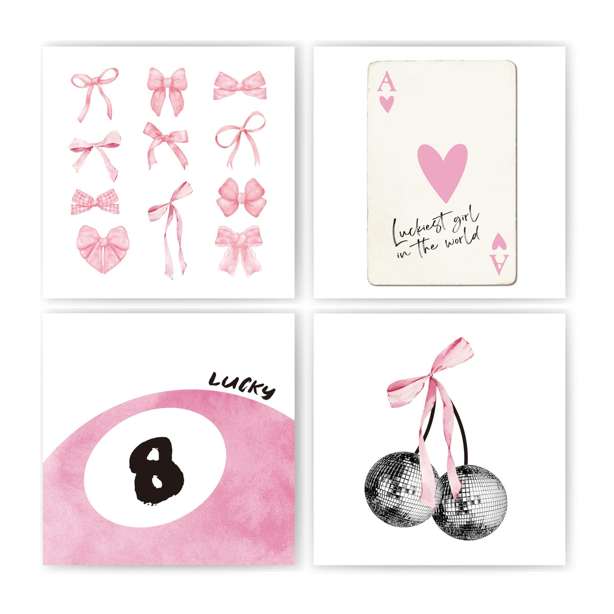 okaxscm Pink Coquette Trendy Preppy Wall Art Prints Set of 4, Coquette Room Decor, Preppy Room Decor Aesthetic, Pink Bow Disco 8 Ball Cherry Wall Decor Posters for Girls Bedroom Dorm, 8x10 Unframed