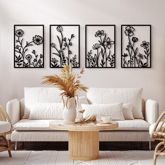 Black Metal Botanical Wall Art, Boho Farmhouse Flower Bathroom Wall Decor