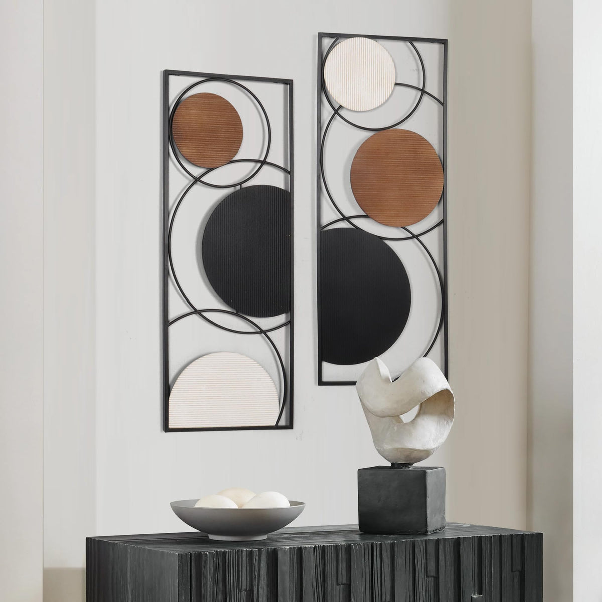 Abstract Geometric Wall Decor Set, Gold and Black Metal Wall Art with Circular and Linear Designs, 2 Piece Framed Modern Wall Sculpture