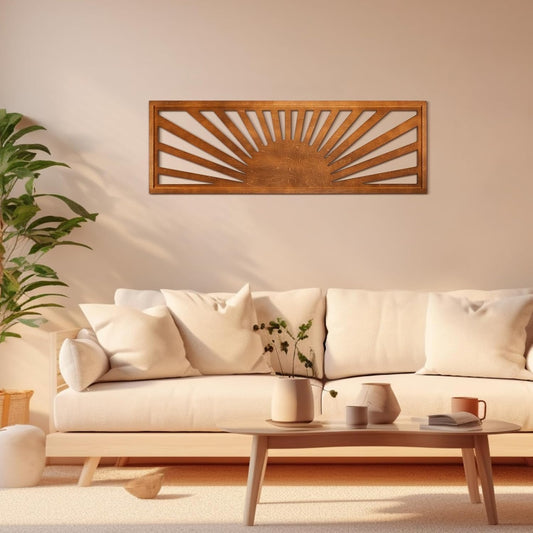 Burbell Horizontal Sun Wall Art, Boho Wooden Room Decor, 35"x12" Dark Brown