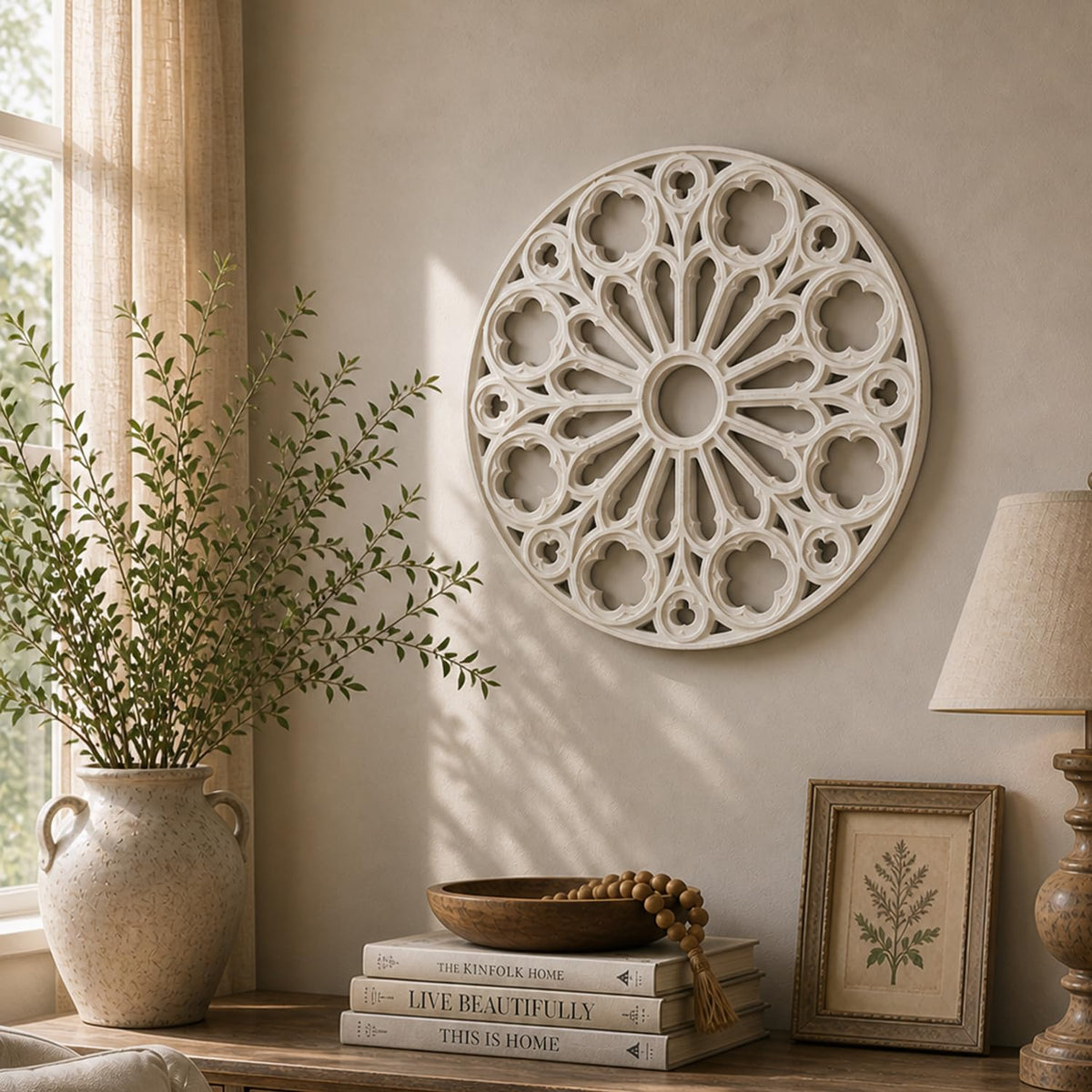 XIAOAIKA Boho Carved Wood Wall Art Panel, Floral Mandala, Distressed White
