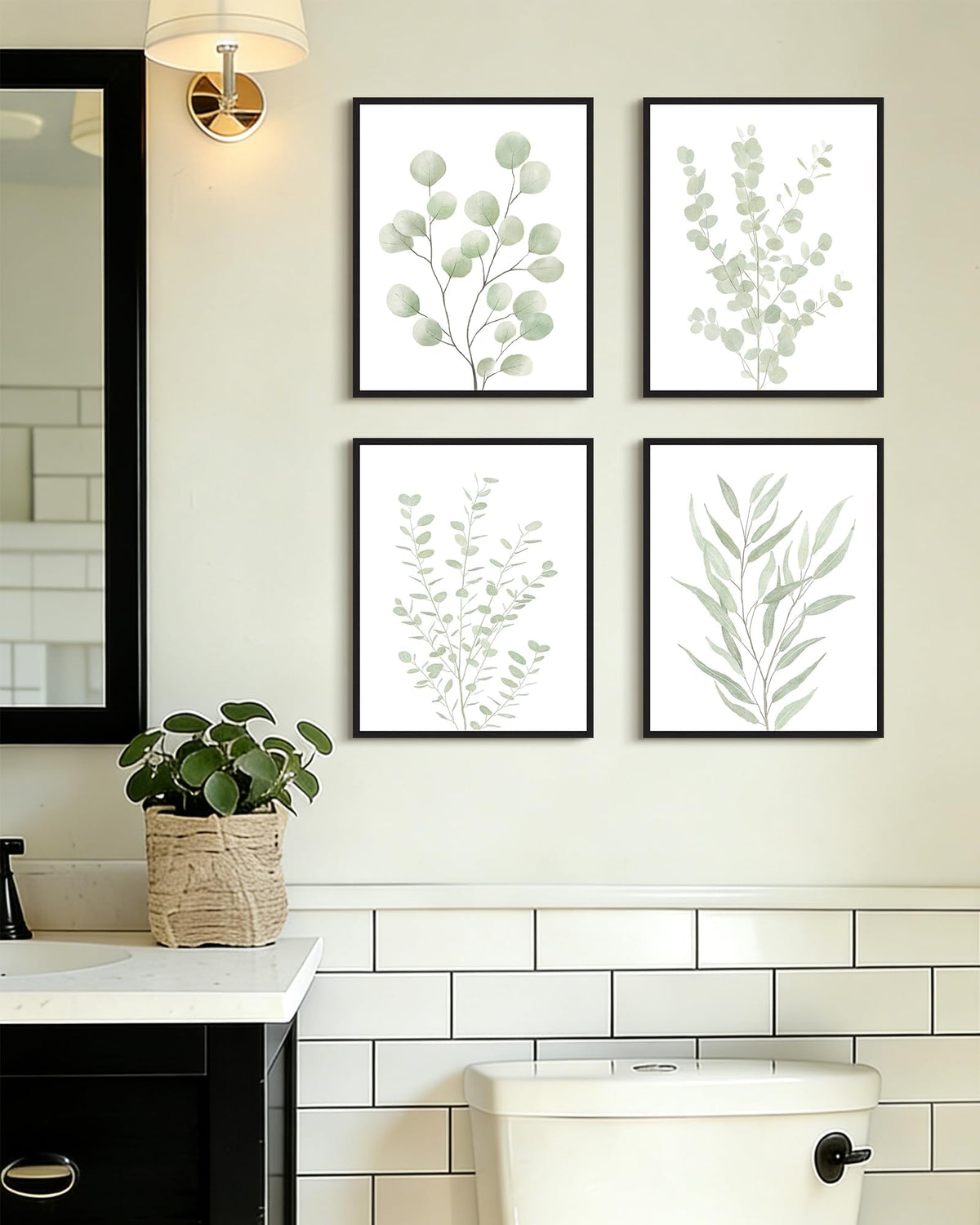 Drsoum Botanical Plant Framed Wall Art Boho Wall Decor for Bathroom Sage Green Eucalyptus Leaf Prints Minimalist Aesthetic Ready to Hang Set of 4, 8x10 in (Natural Framed)