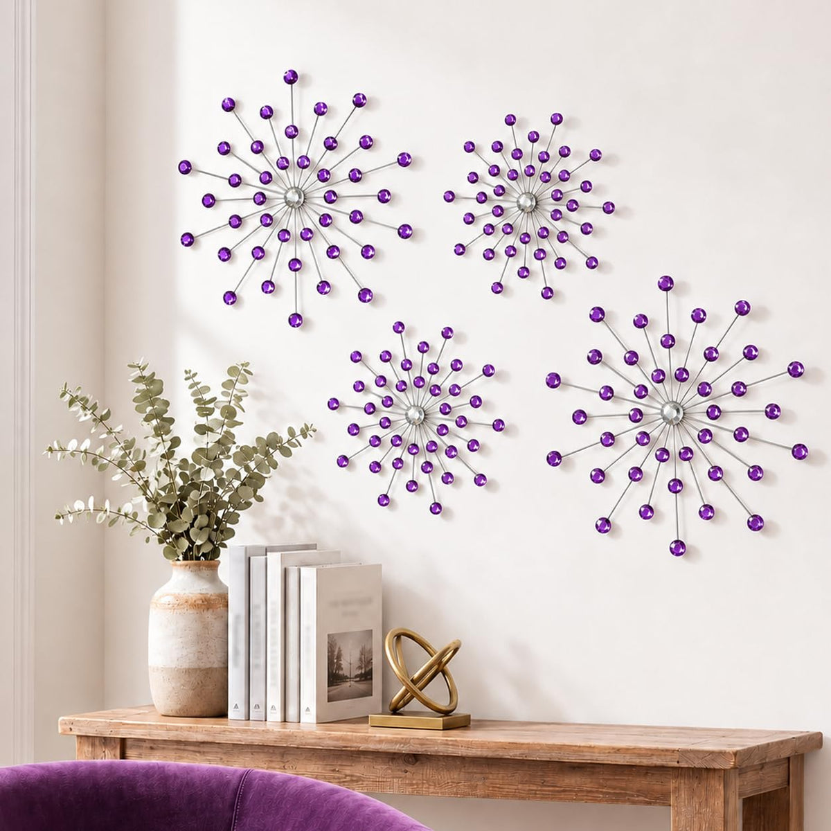 ZEXUIRU 3 Set Silver Starburst Wall Art for Home Decor Metal Bling Crystal Rhinestones Sunburst Wall Decor Sparkling Rhinestone Art Accent Silver - 13in