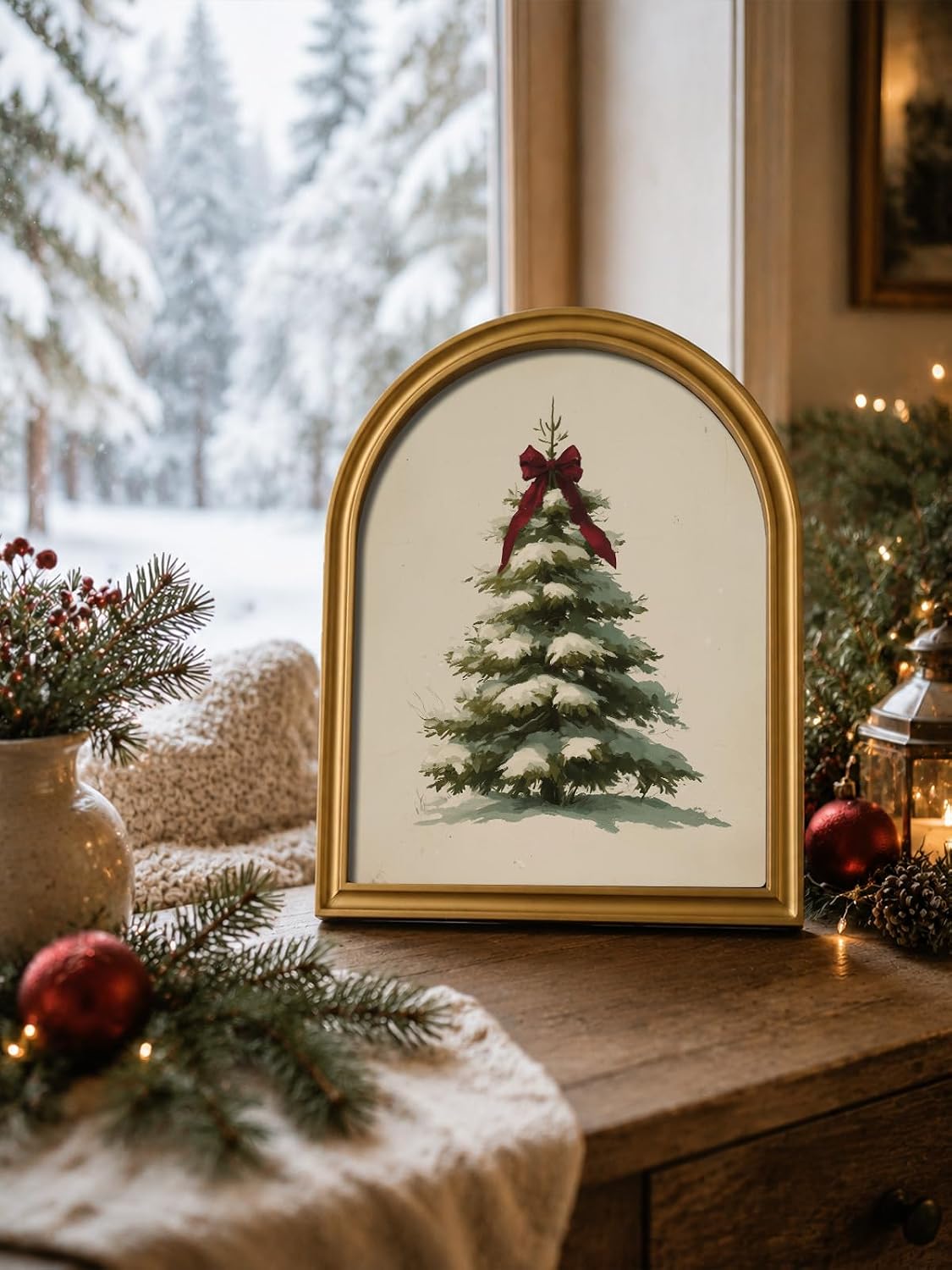TwoDays Vintage Christmas Tree 11" x 13.8" Gold Arched Framed Wall Art