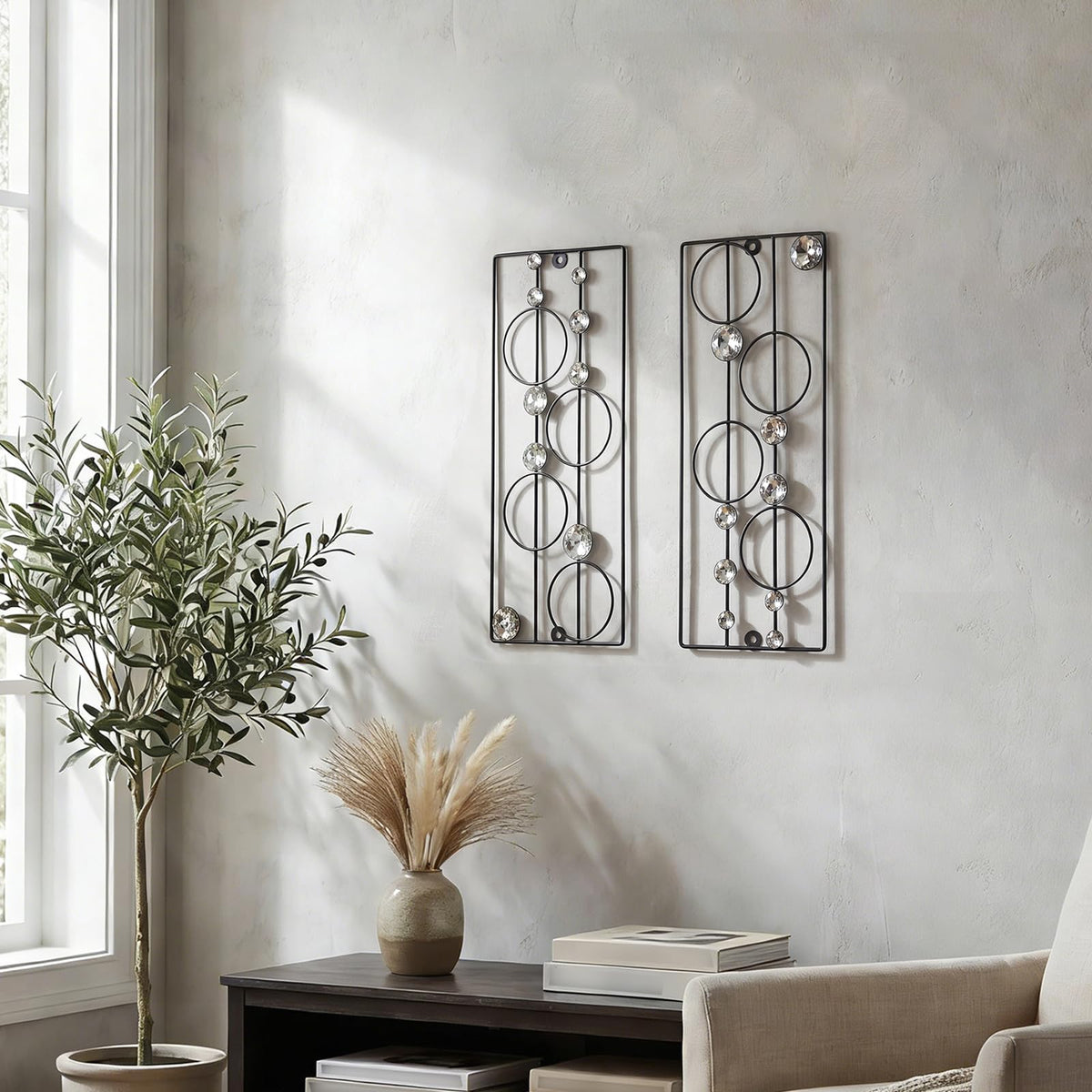 ZEXUIRU 2 Pcs Abstract Metal Art for Wall Decor Living Room Bedroom Bathroom Office Metal Bling Modern Geometric Hanging Vertical Small Iron Sculpture Plaque Pack -Black 15.7in