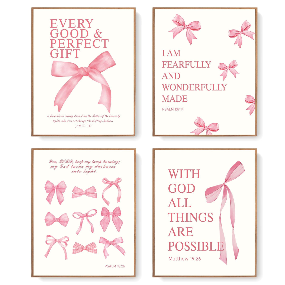 LARTSFRO Coquette Pink Bow Christian Wall Art Decor Posters, Pink Bow Christian Bathroom Room Bedroom Dorm Wall Art Decor Aesthetic for College Teen Girls Gifts,Inspirational Bible Verses Bow Wall Decor, 10x8 Inch Set of 4 Bow Pictures(UNFRAMED)