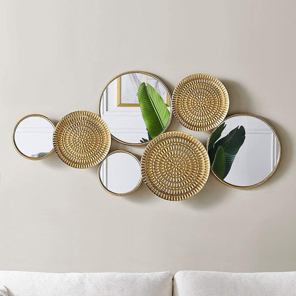 Abstract Geometric Wall Decor Set, Gold and Black Metal Wall Art with Circular and Linear Designs, 2 Piece Framed Modern Wall Sculpture