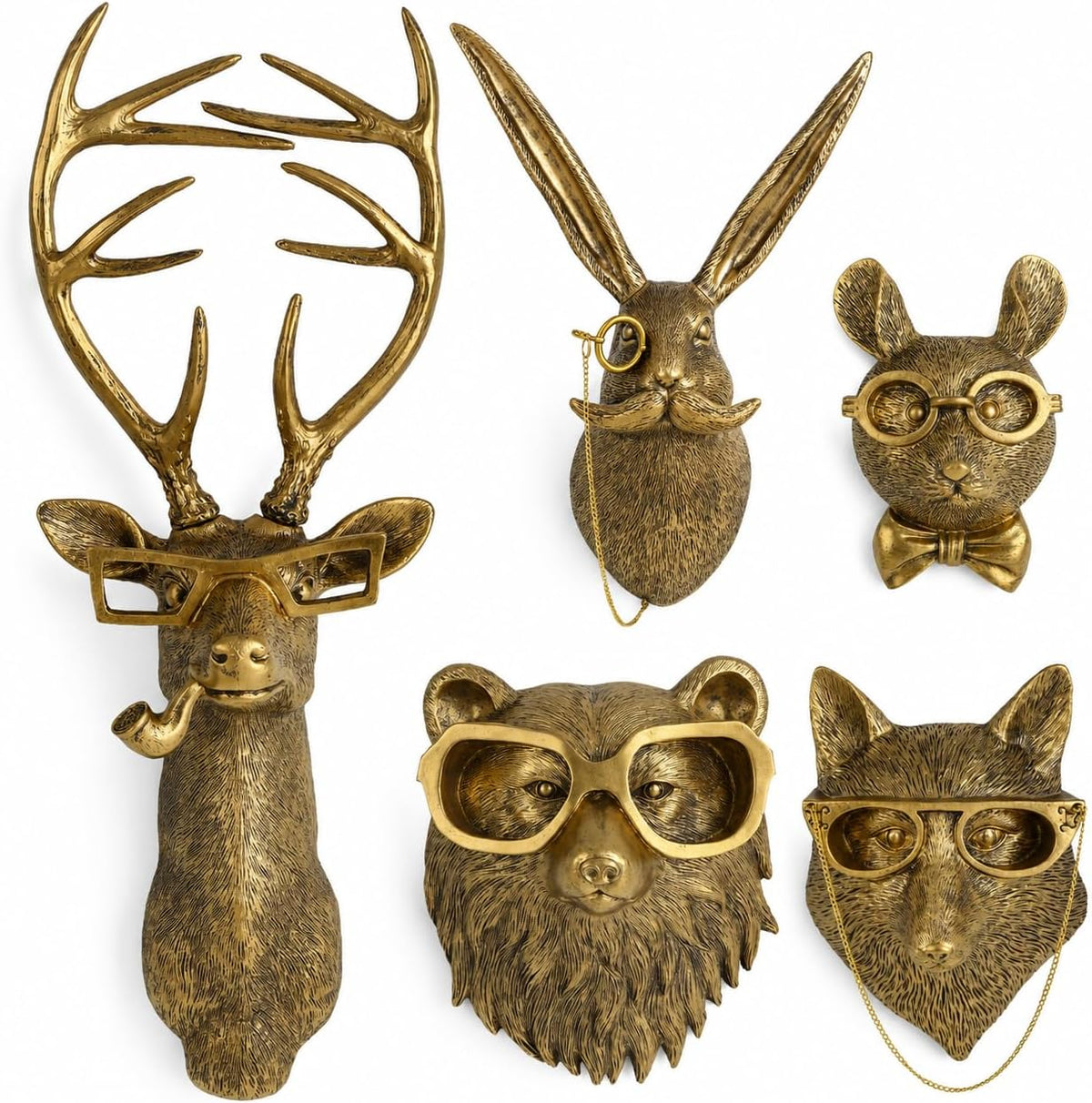 UITWMKTG Gold Animal Head Wall Decor Set of 5 - Deer, Rabbit, Mouse, Bear, Fox Wall Sculptures, Modern Wall Art for Living Room, Bedroom, Office, Gold Wall Hanging Home Decoration