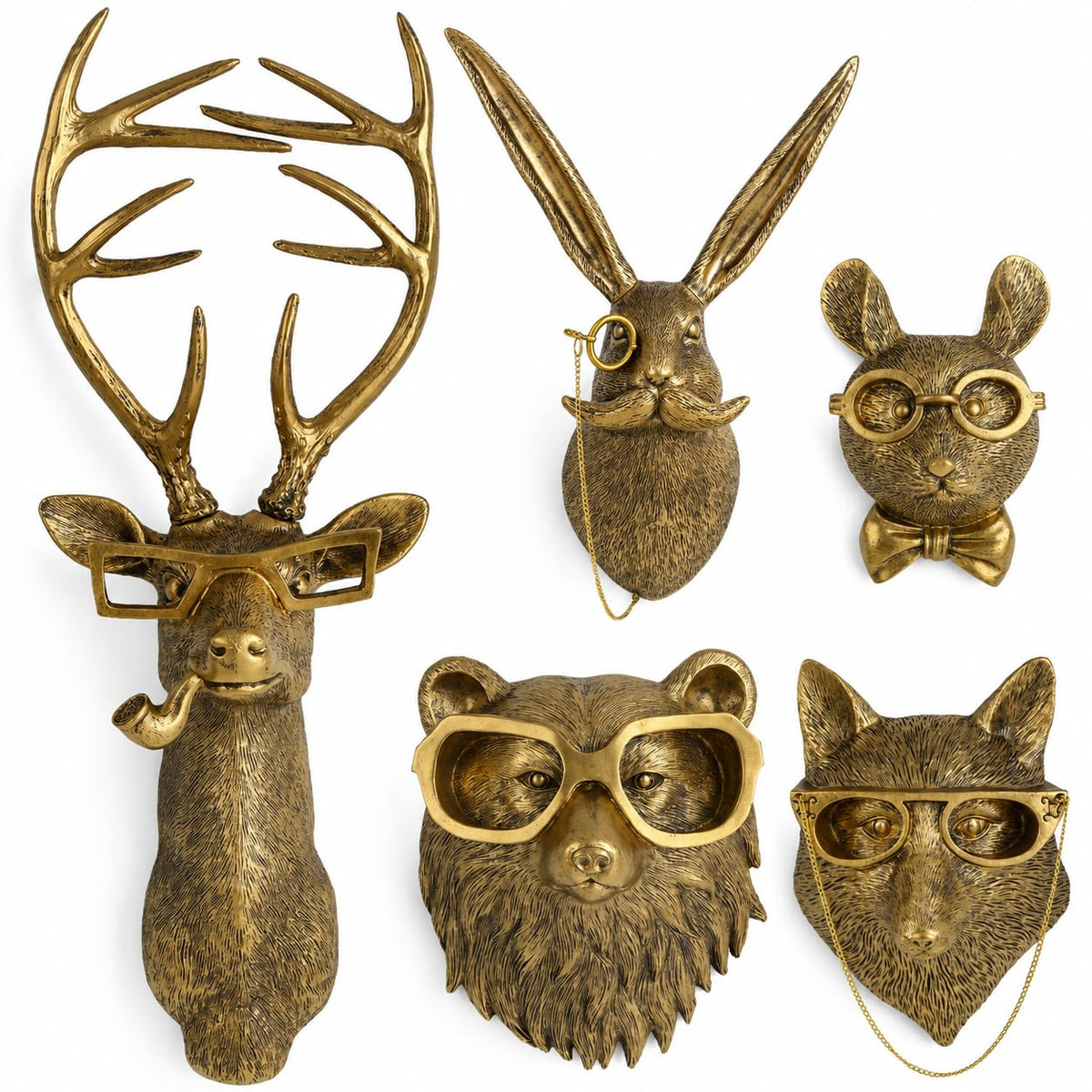 UITWMKTG Gold Animal Head Wall Decor Set of 5 - Deer, Rabbit, Mouse, Bear, Fox Wall Sculptures, Modern Wall Art for Living Room, Bedroom, Office, Gold Wall Hanging Home Decoration