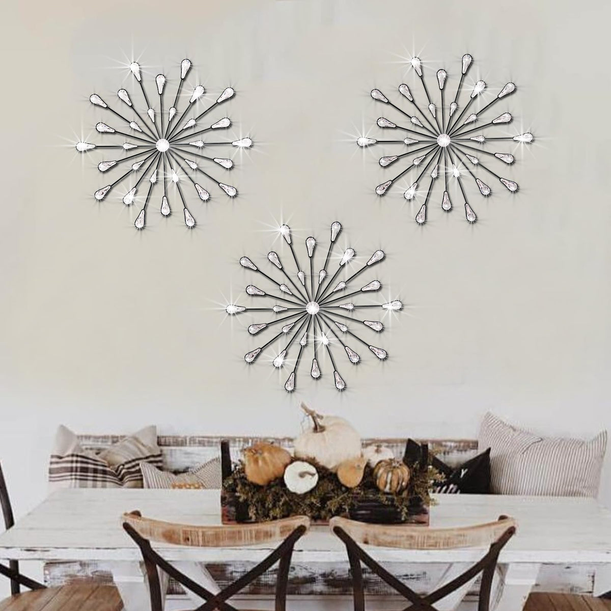 ZEXUIRU 3 Set Silver Starburst Wall Art for Home Decor Metal Bling Crystal Rhinestones Sunburst Wall Decor Sparkling Rhinestone Art Accent Silver - 13in