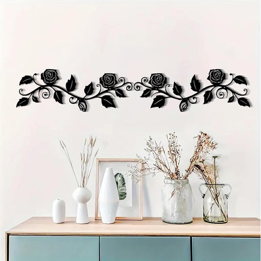 DUOOLN 2 Pcs Metal Rose Tree Leaf Wall Decor, Long Iron Scroll Vine Wall Art Above, Rustic Hanging Sign Flowers Sculpture, For Above Door Living Room Office Indoor And Outdoor Decoration - Black