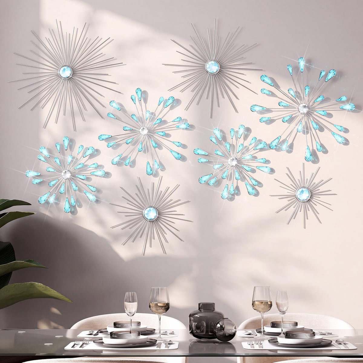 Blulu 8 Pcs Silver Metal Starburst Wall Art, 3D Crystal Teardrop Rhinestone Wall Sculptures, Modern Mid Century Hanging Accents Decor for Living Room Bedroom Entryway Office Home Decoration