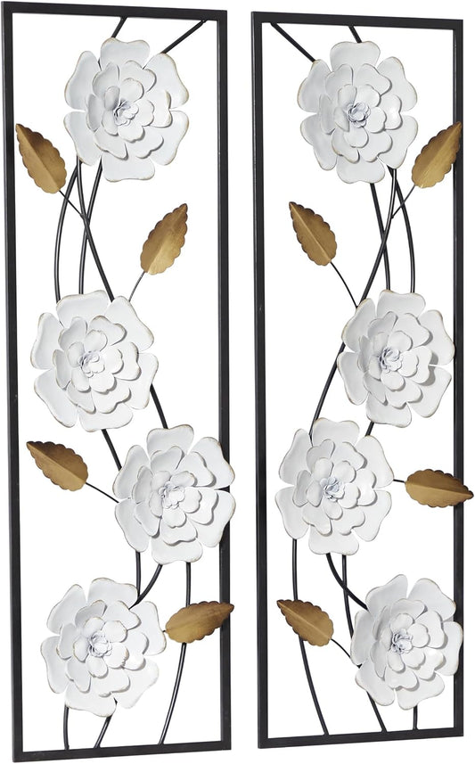 Deco 79 Metal Floral Home Wall Decor Dimensional Floating Wall Sculpture with Black and Gold Accents, Set of 2 Wall Art 12"W, 36"H, White & Gray