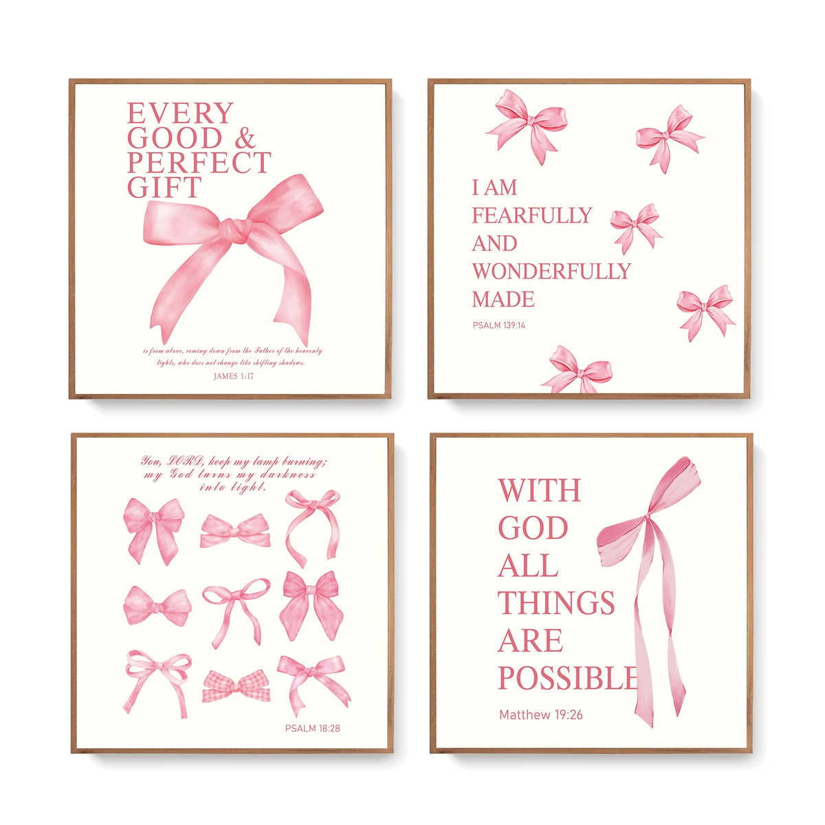 LARTSFRO Coquette Pink Bow Christian Wall Art Decor Posters, Pink Bow Christian Bathroom Room Bedroom Dorm Wall Art Decor Aesthetic for College Teen Girls Gifts,Inspirational Bible Verses Bow Wall Decor, 10x8 Inch Set of 4 Bow Pictures(UNFRAMED)