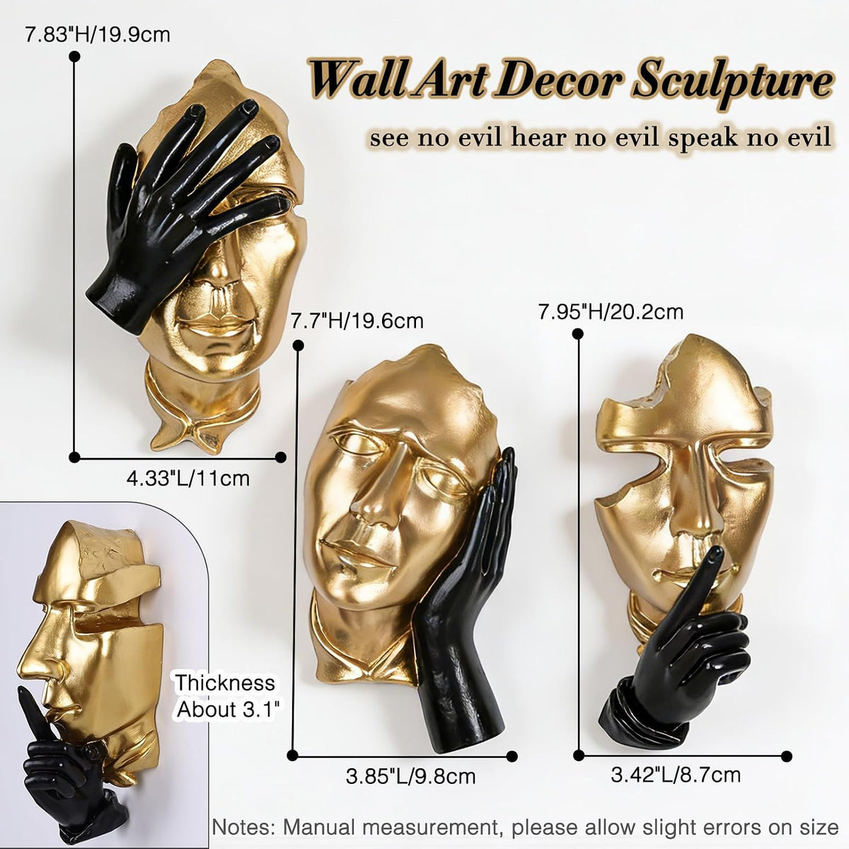 orenm 3-Piece Abstract Face Wall Sculptures, Resin Modern Art Wall Decor for Men Bedroom, Living Room, Office, Studio & Entertainment Center (Gold & black)
