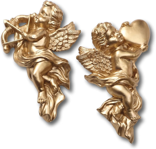 QPOIBSD Gold Cherub Wall Decor, Vintage Cupid Sculptures,Set of 2