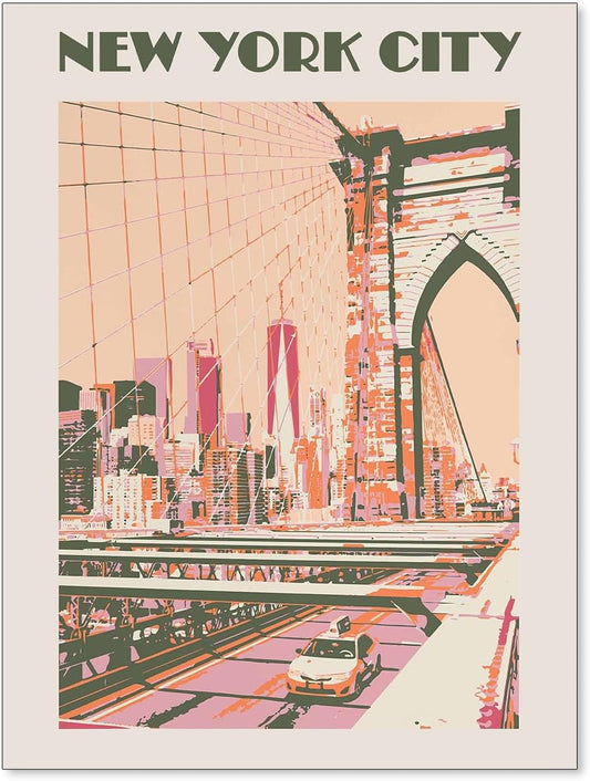 New York City Landscape Pink Posters Retro Us Landmarks Scenery Wall Art Vintage Bridge Canvas Painting for Living Room Bedroom Wall Decor 12x16 inch Unframed