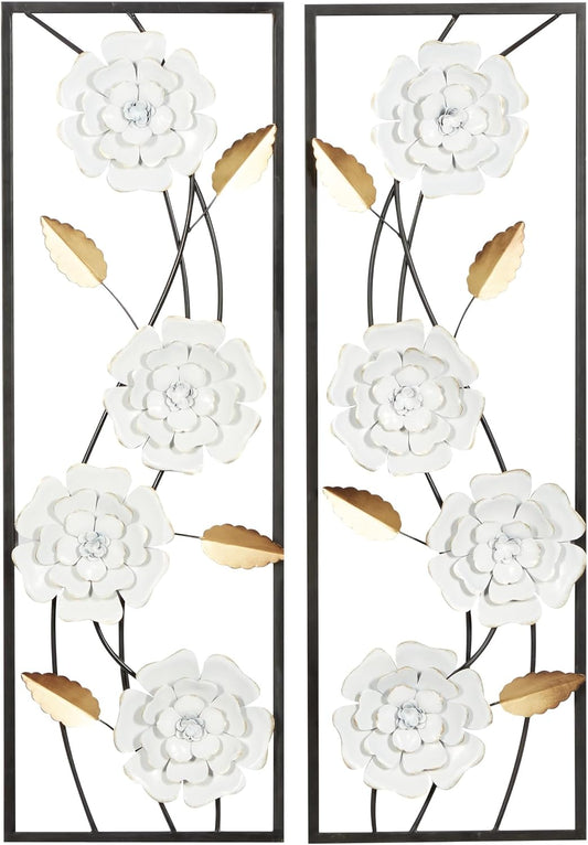 Deco 79 Metal Floral Home Wall Decor Dimensional Floating Wall Sculpture with Black and Gold Accents, Set of 2 Wall Art 12"W, 36"H, White & Gray