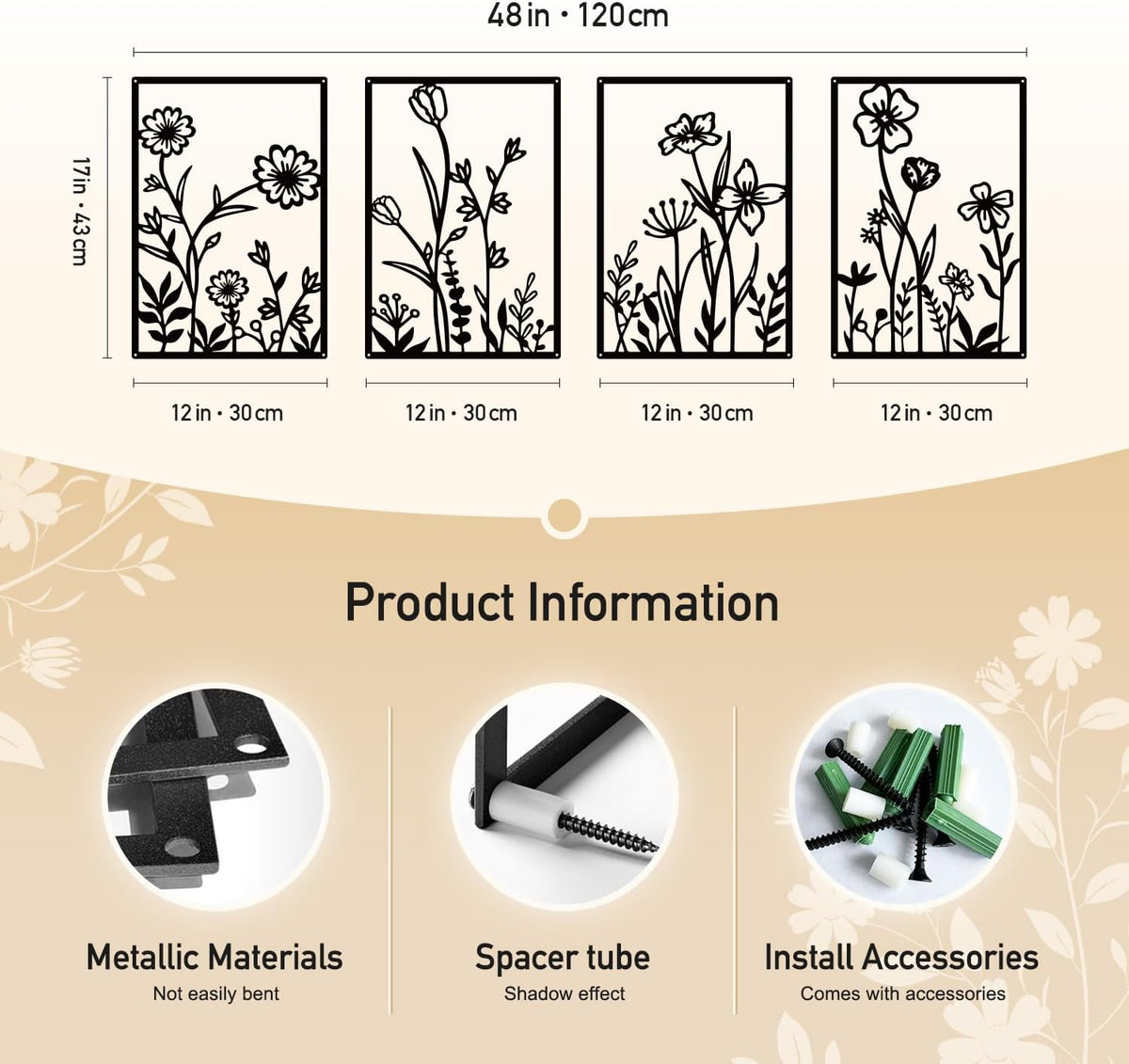 Black Metal Botanical Wall Art, Boho Farmhouse Flower Bathroom Wall Decor