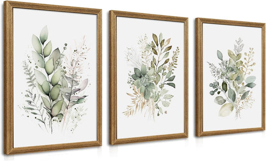 WRFON Framed Sage Green Botanical Wall Art Set of 3, Watercolor Eucalyptus & Wild Plant Canvas Prints, Minimalist Green Wall Decor for Living Room Bedroom Bathroom, 12x16 Inches