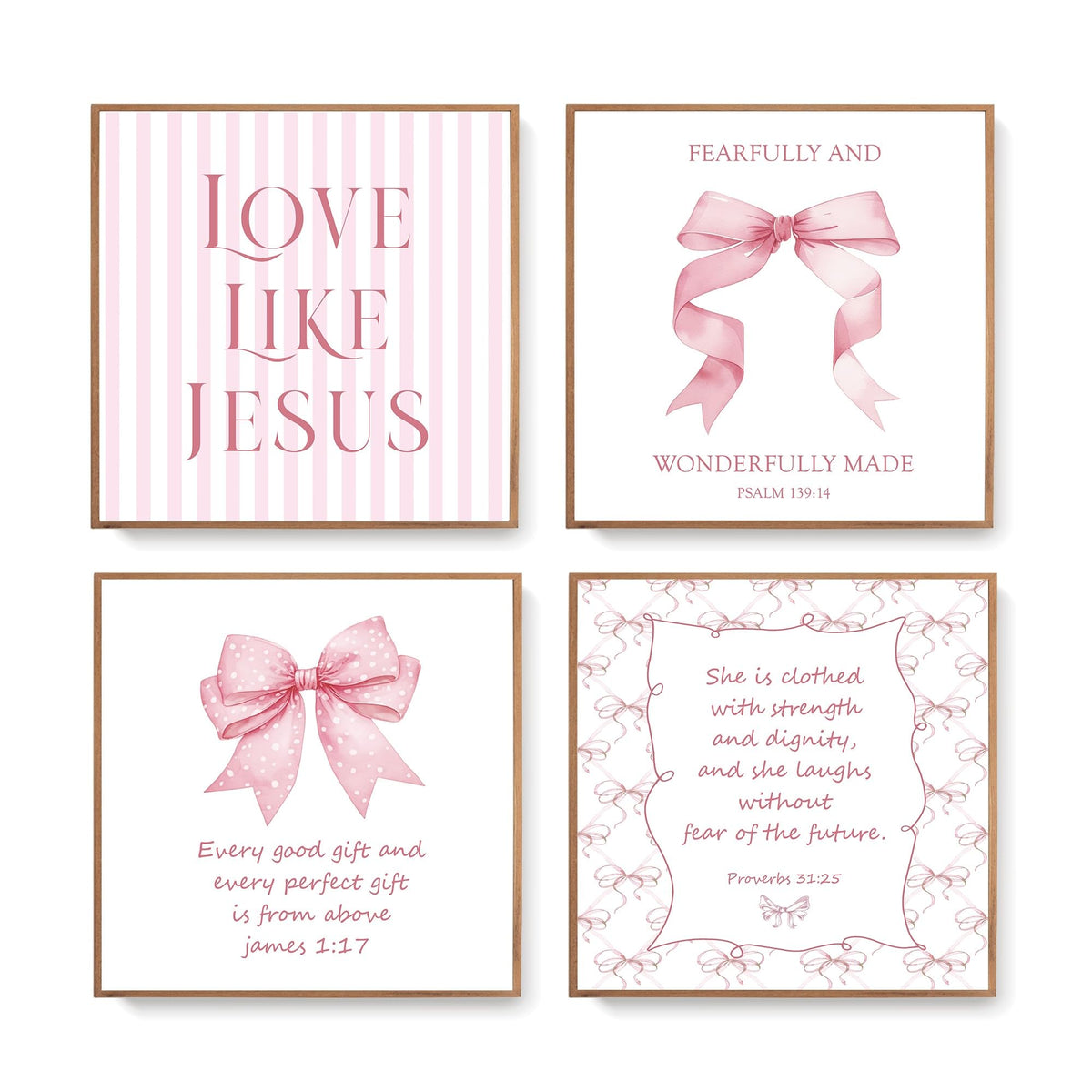 LARTSFRO Coquette Pink Bow Jesus Wall Art Decor Posters, Light Pink Bow Christian Room Bedroom Bathroom Dorm Wall Art Decor Aesthetic for College Teen Girls Gifts, Inspirational Bible Verses Bow Wall Decor, 10x8 Inch Set of 4 Bow Pictures (UNFRAMED)