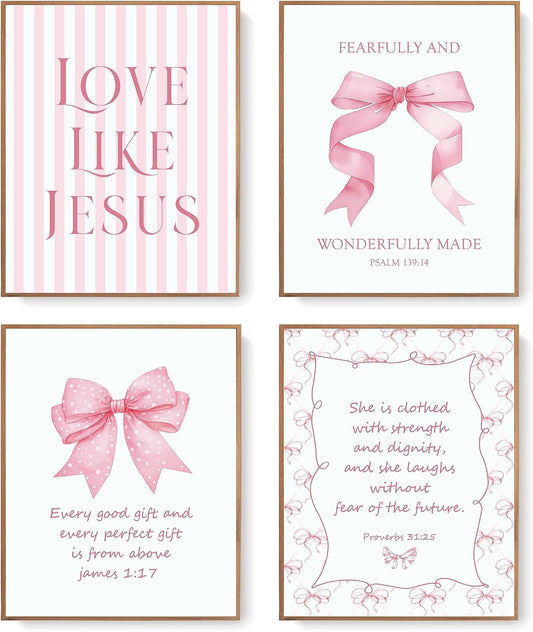 LARTSFRO Coquette Pink Bow Jesus Wall Art Decor Posters, Light Pink Bow Christian Room Bedroom Bathroom Dorm Wall Art Decor Aesthetic for College Teen Girls Gifts, Inspirational Bible Verses Bow Wall Decor, 10x8 Inch Set of 4 Bow Pictures (UNFRAMED)