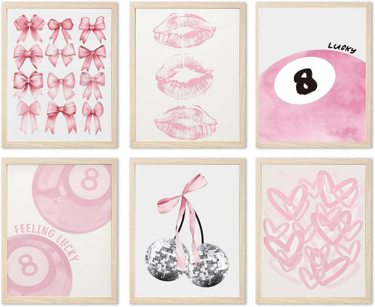 Cute Pink Girl Poster Set of 6, Light Pink Coquette Wall Art Trendy Lucky 8 Ball Wall Decor Paintings Pastel College Apartment Bedroom Living Room Dorm 8x10 inch Unframed