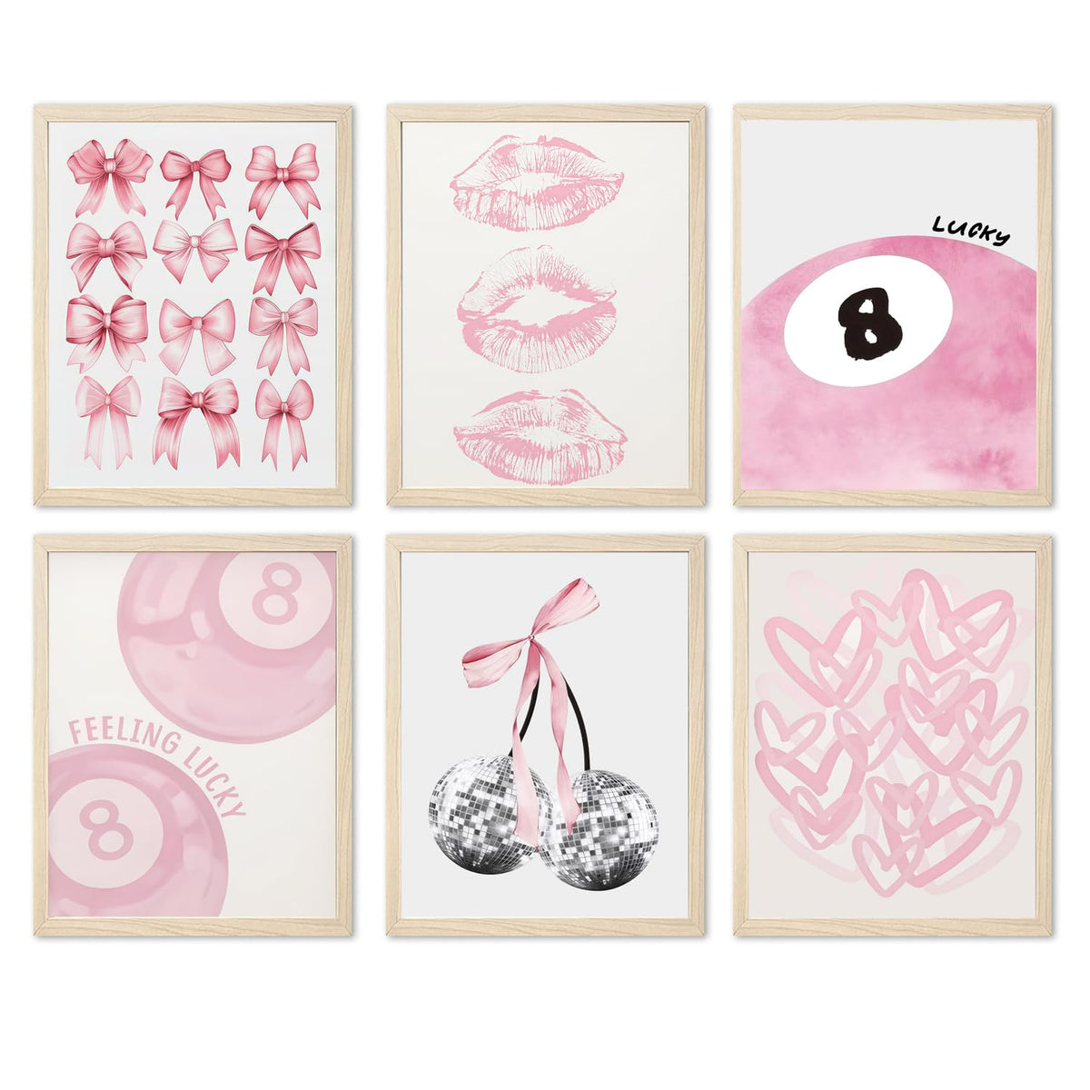 Cute Pink Girl Poster Set of 6, Light Pink Coquette Wall Art Trendy Lucky 8 Ball Wall Decor Paintings Pastel College Apartment Bedroom Living Room Dorm 8x10 inch Unframed