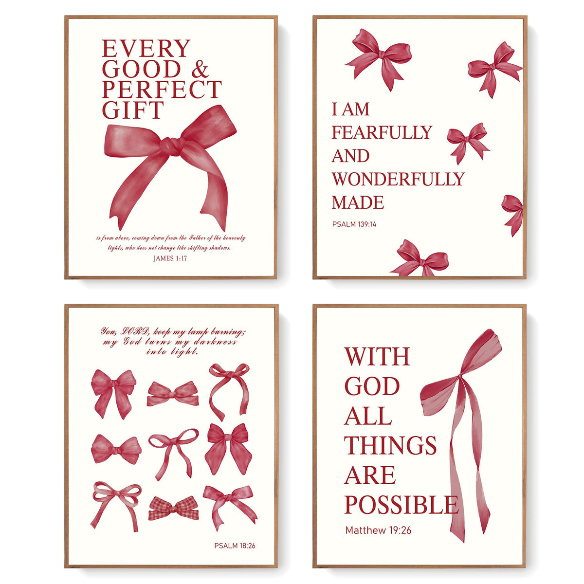 LARTSFRO Coquette Pink Bow Christian Wall Art Decor Posters, Pink Bow Christian Bathroom Room Bedroom Dorm Wall Art Decor Aesthetic for College Teen Girls Gifts,Inspirational Bible Verses Bow Wall Decor, 10x8 Inch Set of 4 Bow Pictures(UNFRAMED)