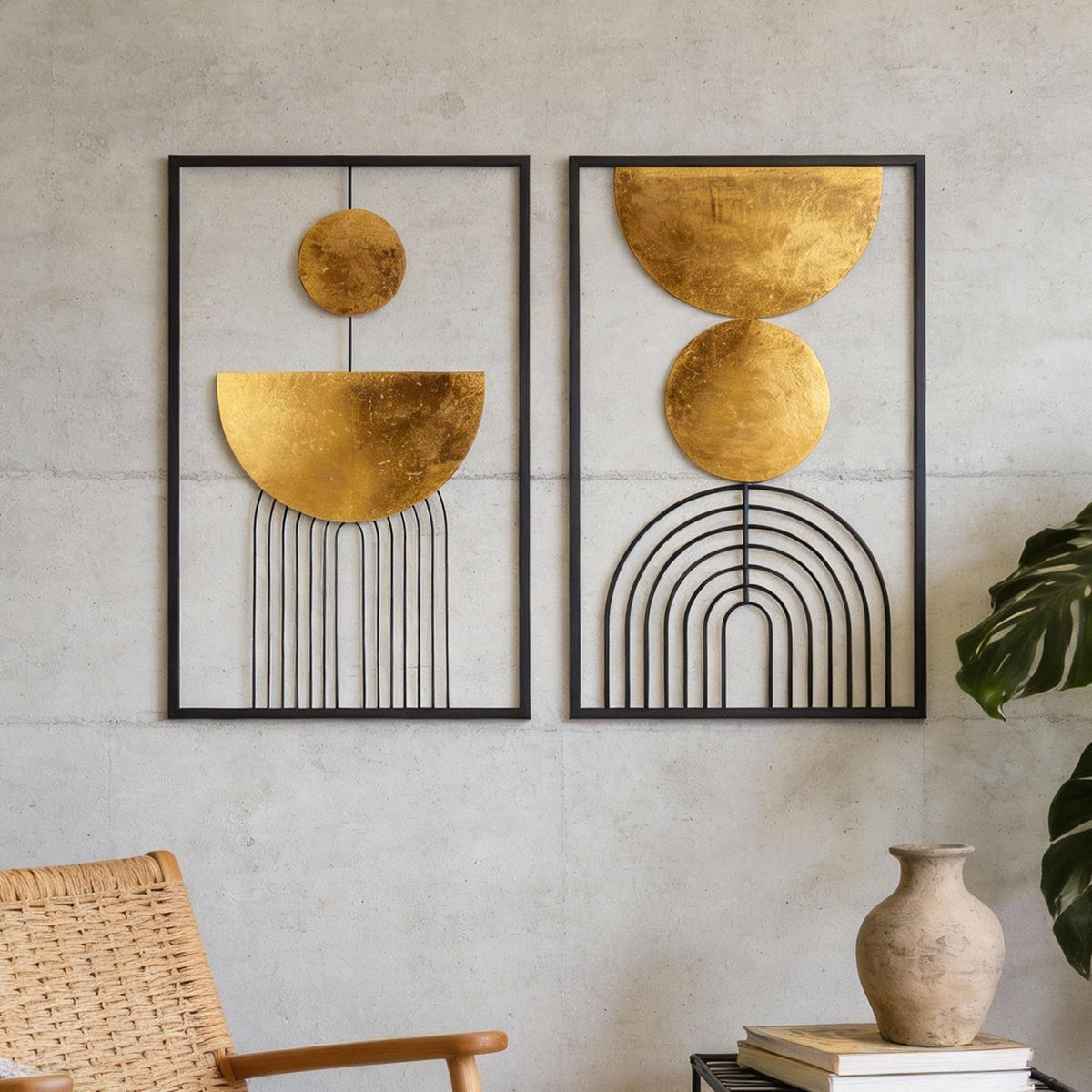 Abstract Geometric Wall Decor Set, Gold and Black Metal Wall Art with Circular and Linear Designs, 2 Piece Framed Modern Wall Sculpture