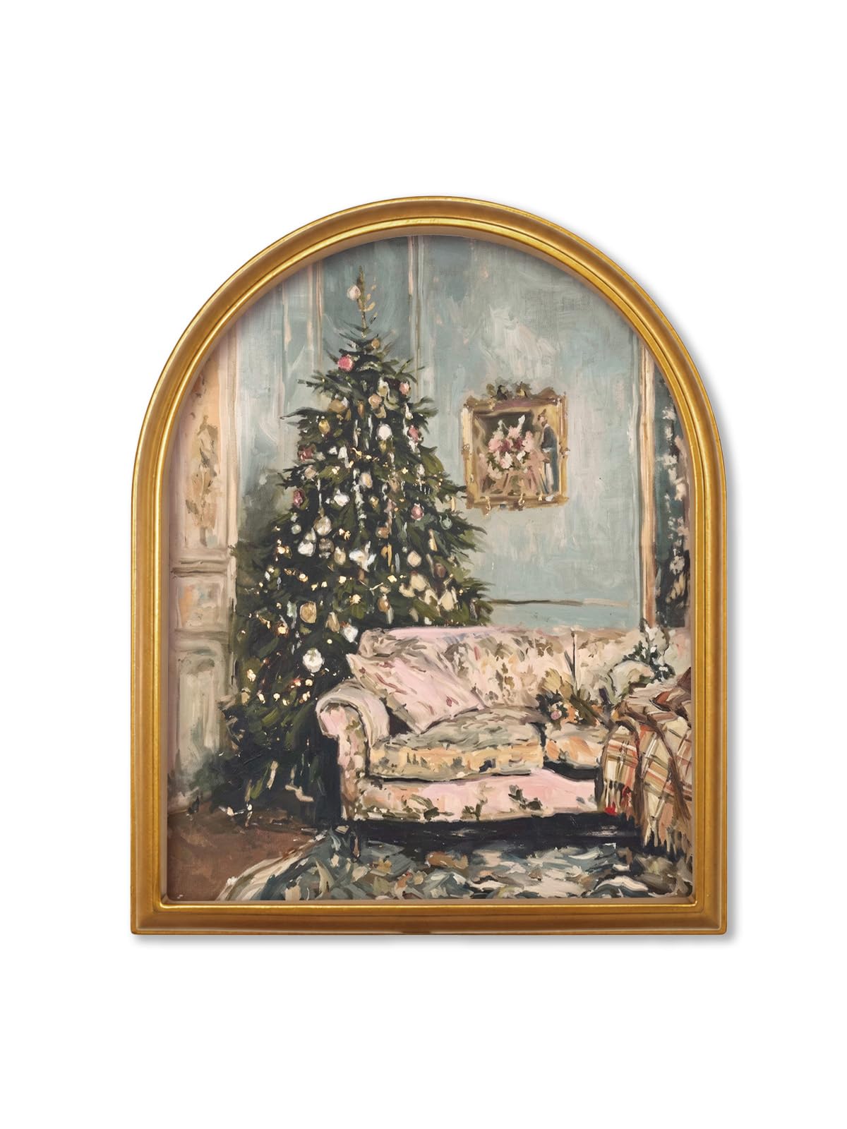 TwoDays Vintage Christmas Tree 11" x 13.8" Gold Arched Framed Wall Art
