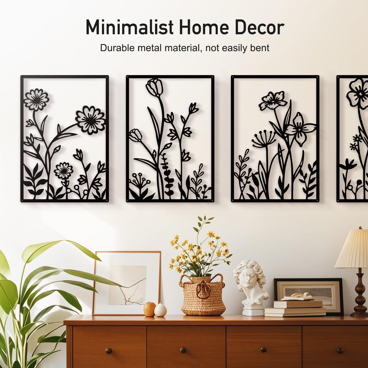 Black Metal Botanical Wall Art, Boho Farmhouse Flower Bathroom Wall Decor