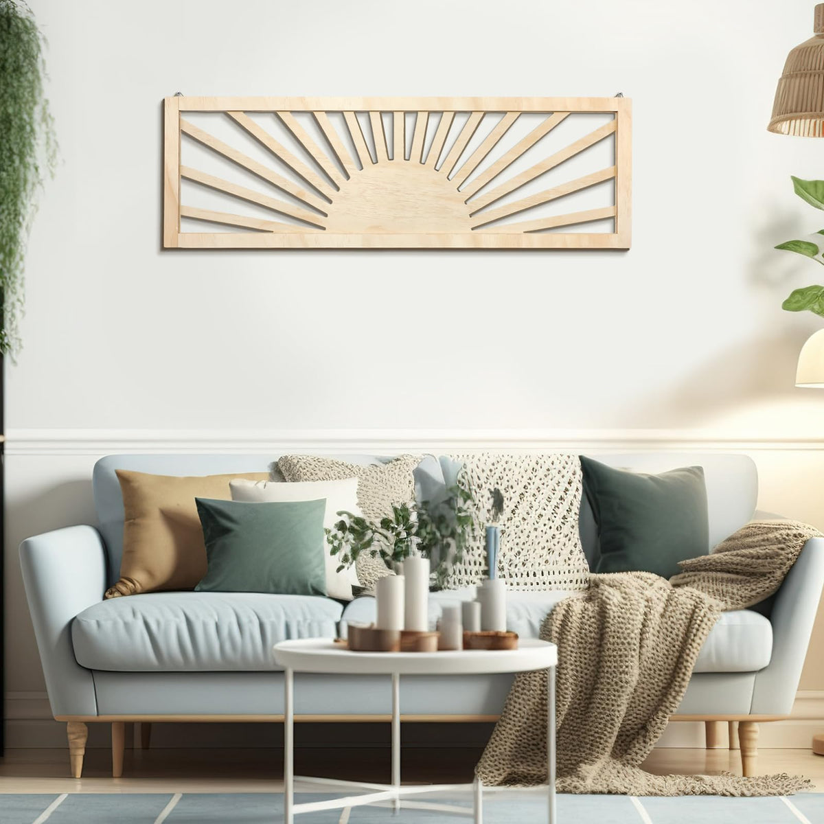 Burbell Horizontal Sun Wall Art, Boho Wooden Room Decor, 35"x12" Dark Brown